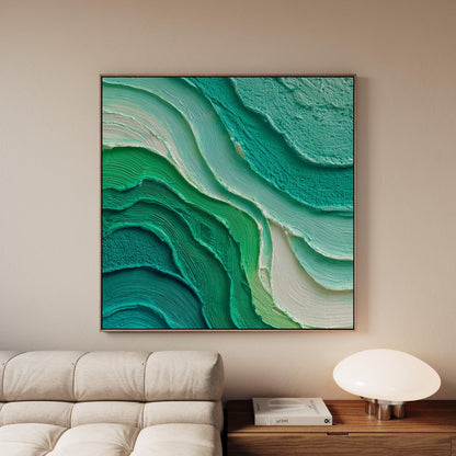 Green Textured Canvas Wall Art: Modern Square Abstract Painting in Teal and Emerald Tones