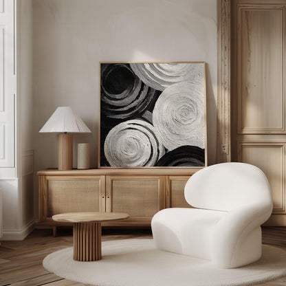 Black and White Wall Art:  Abstract Circles - Floating Frame Option
