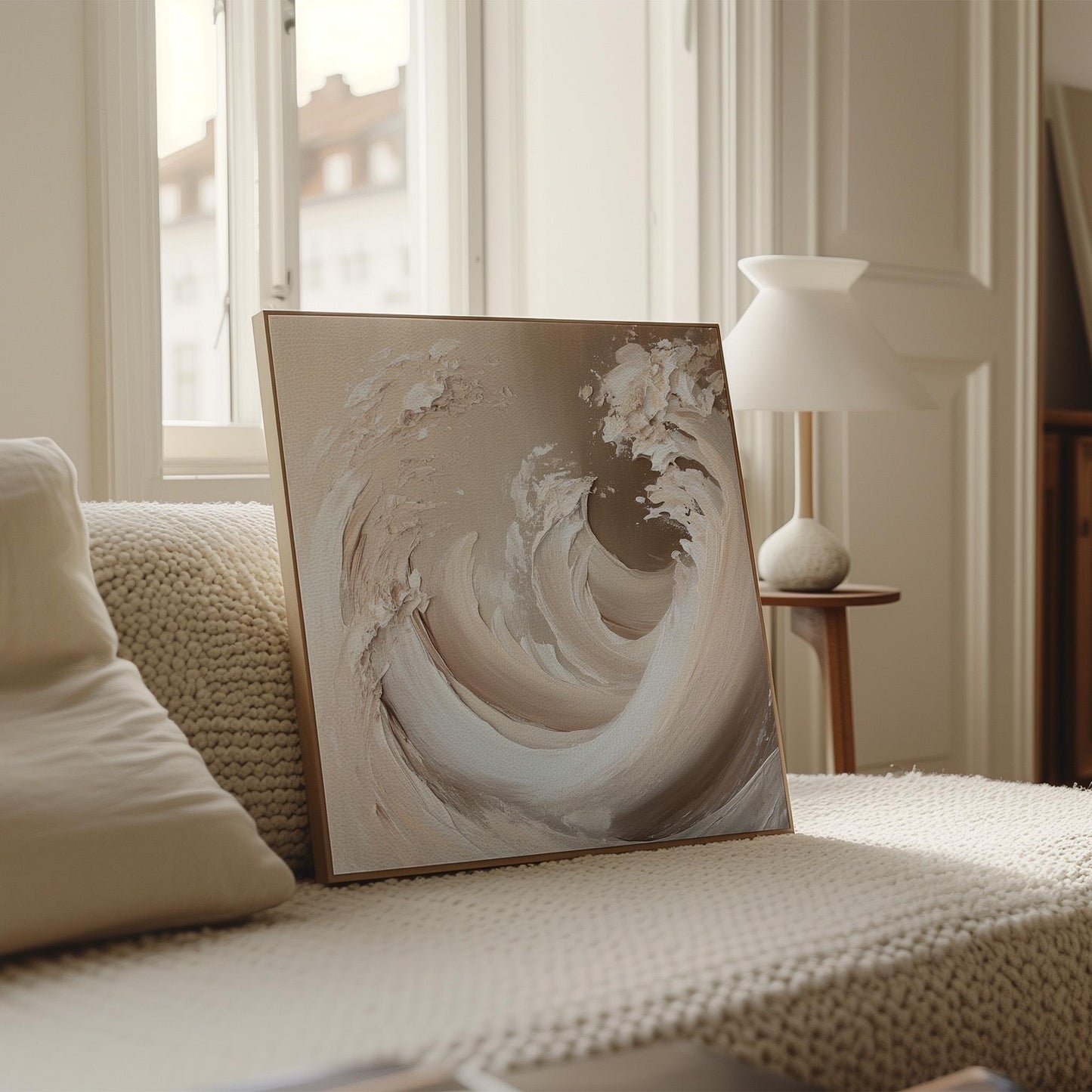 Canvas Wall Art: Beige Wave Abstract - Floating Wood Frame Option