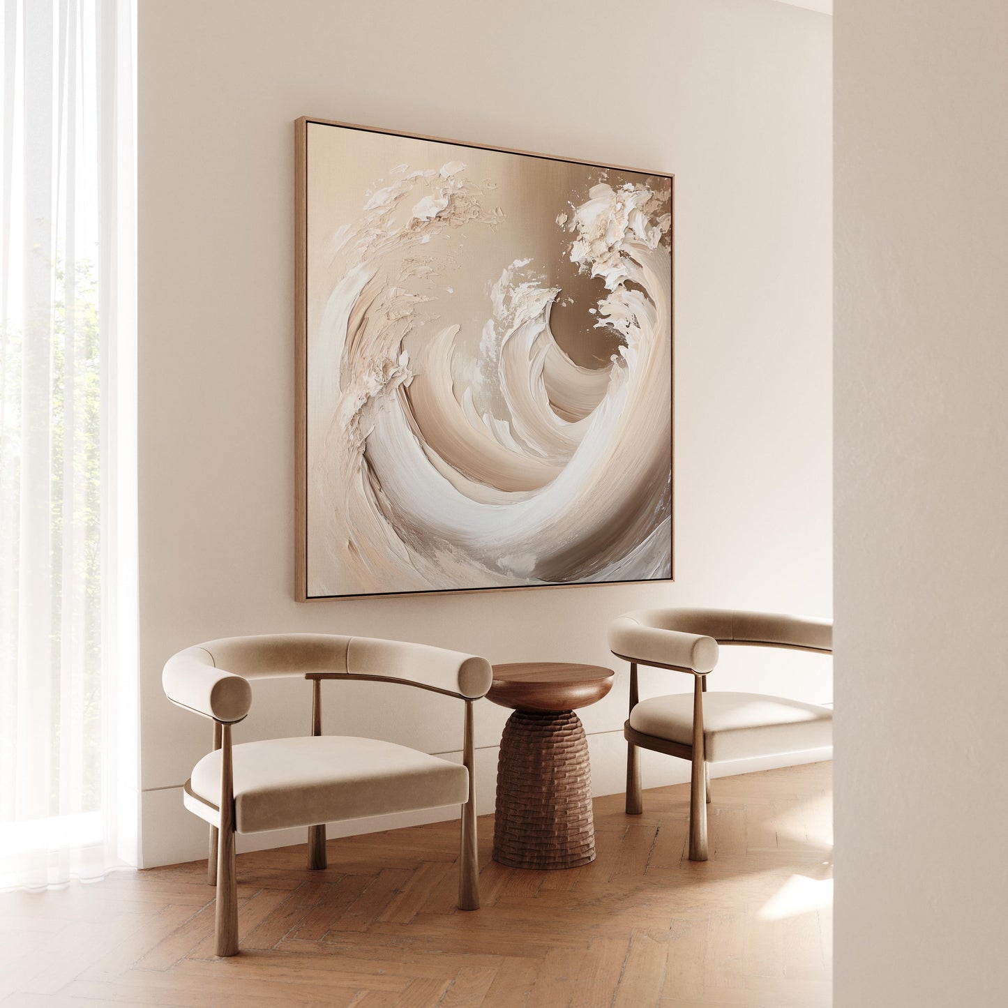 Canvas Wall Art: Beige Wave Abstract - Floating Wood Frame Option