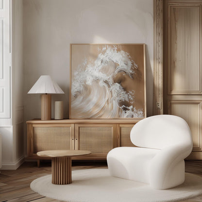 Golden Beige Wave Canvas: Large Abstract Ocean Art