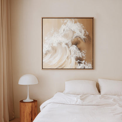 Golden Beige Wave Canvas: Large Abstract Ocean Art