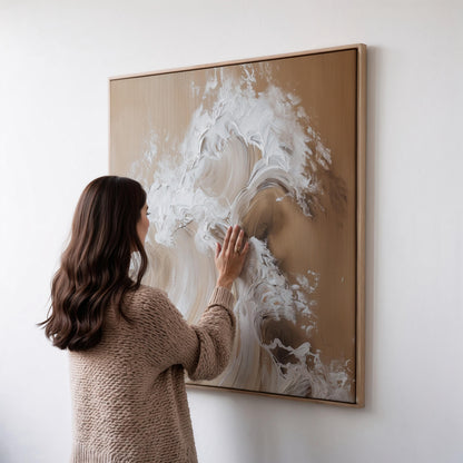Golden Beige Wave Canvas: Large Abstract Ocean Art