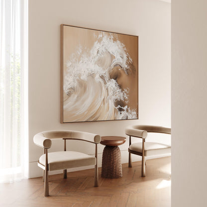Golden Beige Wave Canvas: Large Abstract Ocean Art