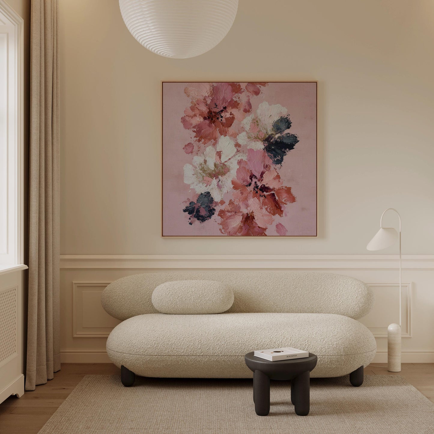 Floral Canvas Wall Art: Pink and Coral Abstract Flowers, Large Square Textured Painting