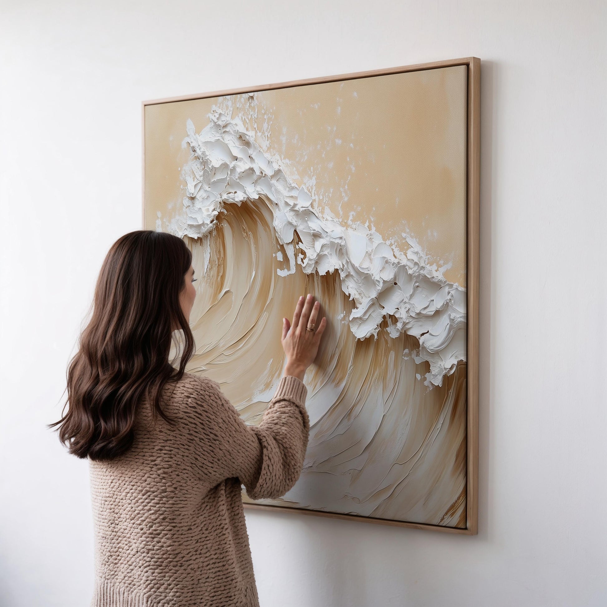 Coastal Wave Canvas Wall Art: Beige and White Textured Ocean Painting, Large Square Minimalist Artwork for Living Room or Bedroom