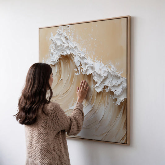 Coastal Wave Canvas Wall Art: Beige and White Textured Ocean Painting, Large Square Minimalist Artwork for Living Room or Bedroom