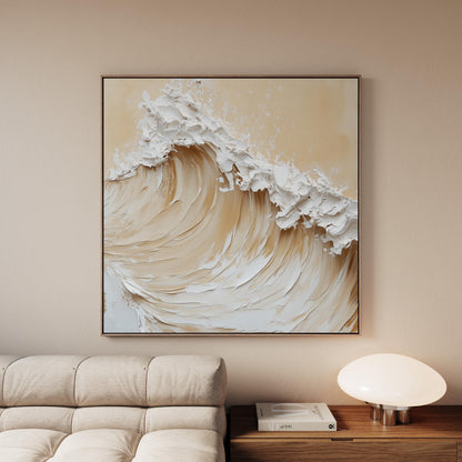 Coastal Wave Canvas Wall Art: Beige and White Textured Ocean Painting, Large Square Minimalist Artwork for Living Room or Bedroom