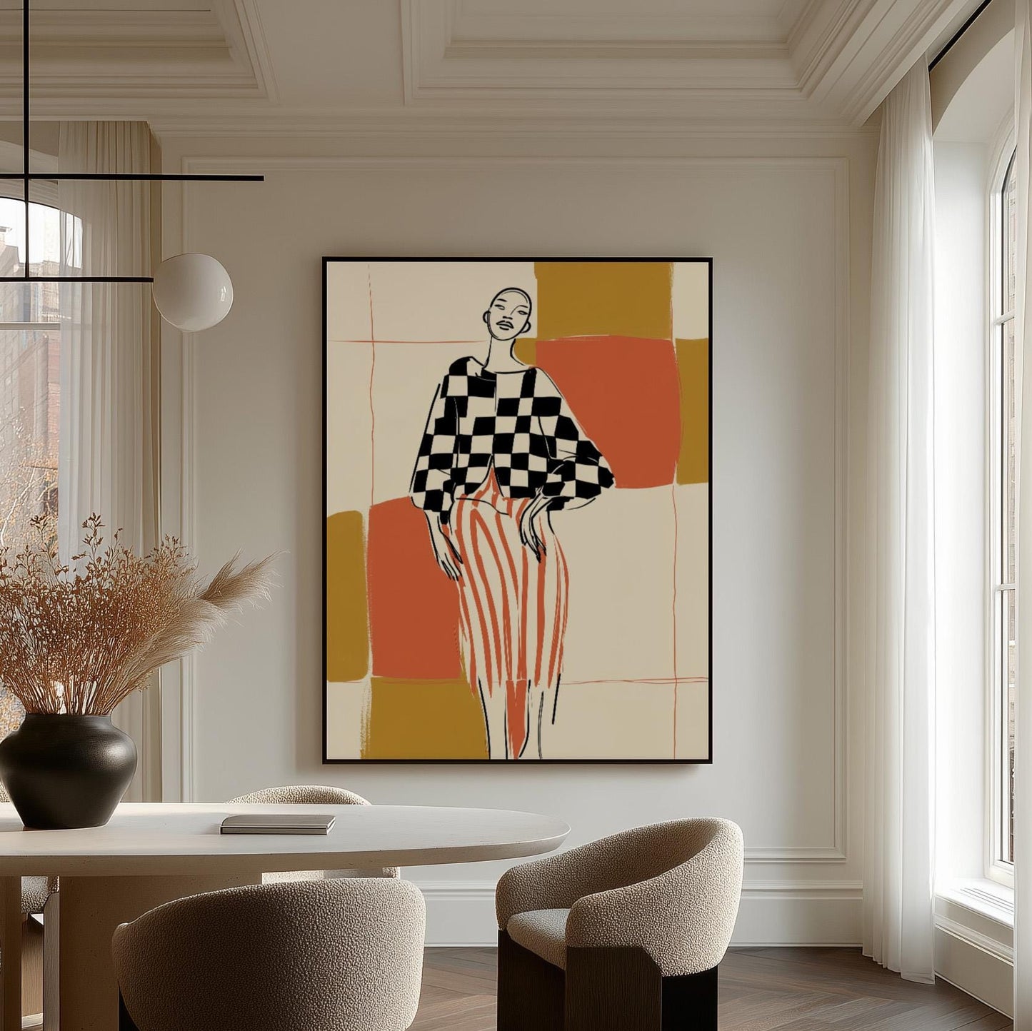 Modern Fashion Line Art Canvas Wall Art with Checkerboard and Stripes Abstract Print for Living Room or Bedroom Decor