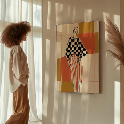 Modern Fashion Line Art Canvas Wall Art with Checkerboard and Stripes Abstract Print for Living Room or Bedroom Decor
