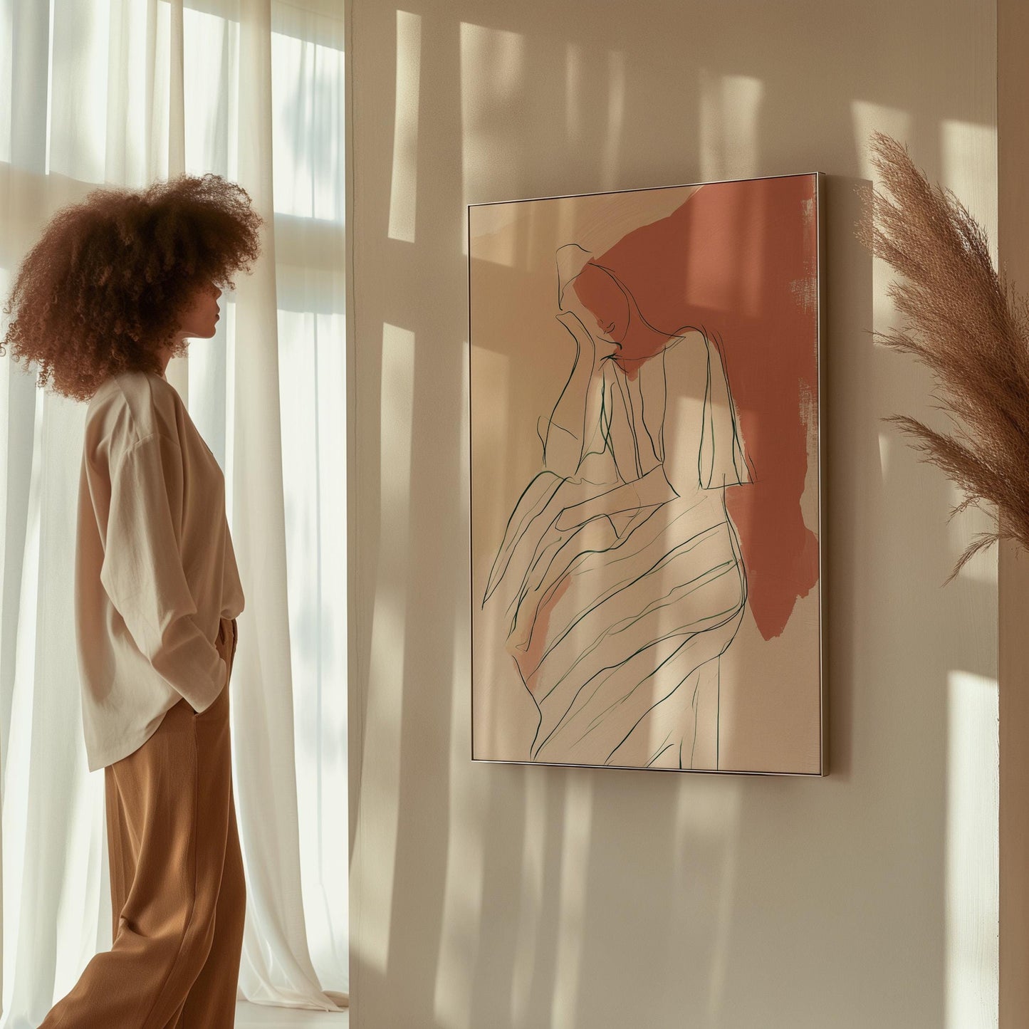 Abstract Minimalist Line Art Print Terracotta and Cream | Modern Figurative Giclée Canvas Wall Art for Bedroom Living Room Office