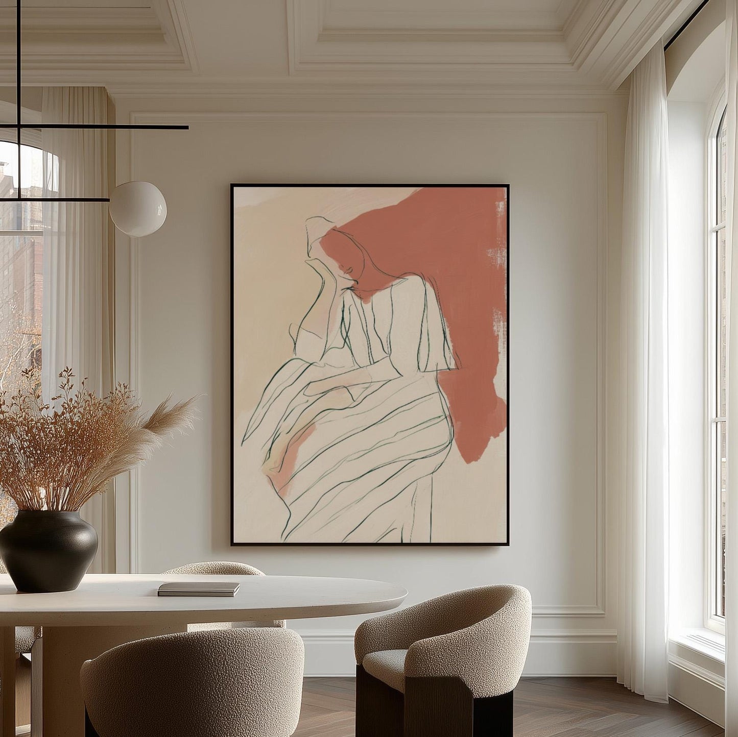 Abstract Minimalist Line Art Print Terracotta and Cream | Modern Figurative Giclée Canvas Wall Art for Bedroom Living Room Office