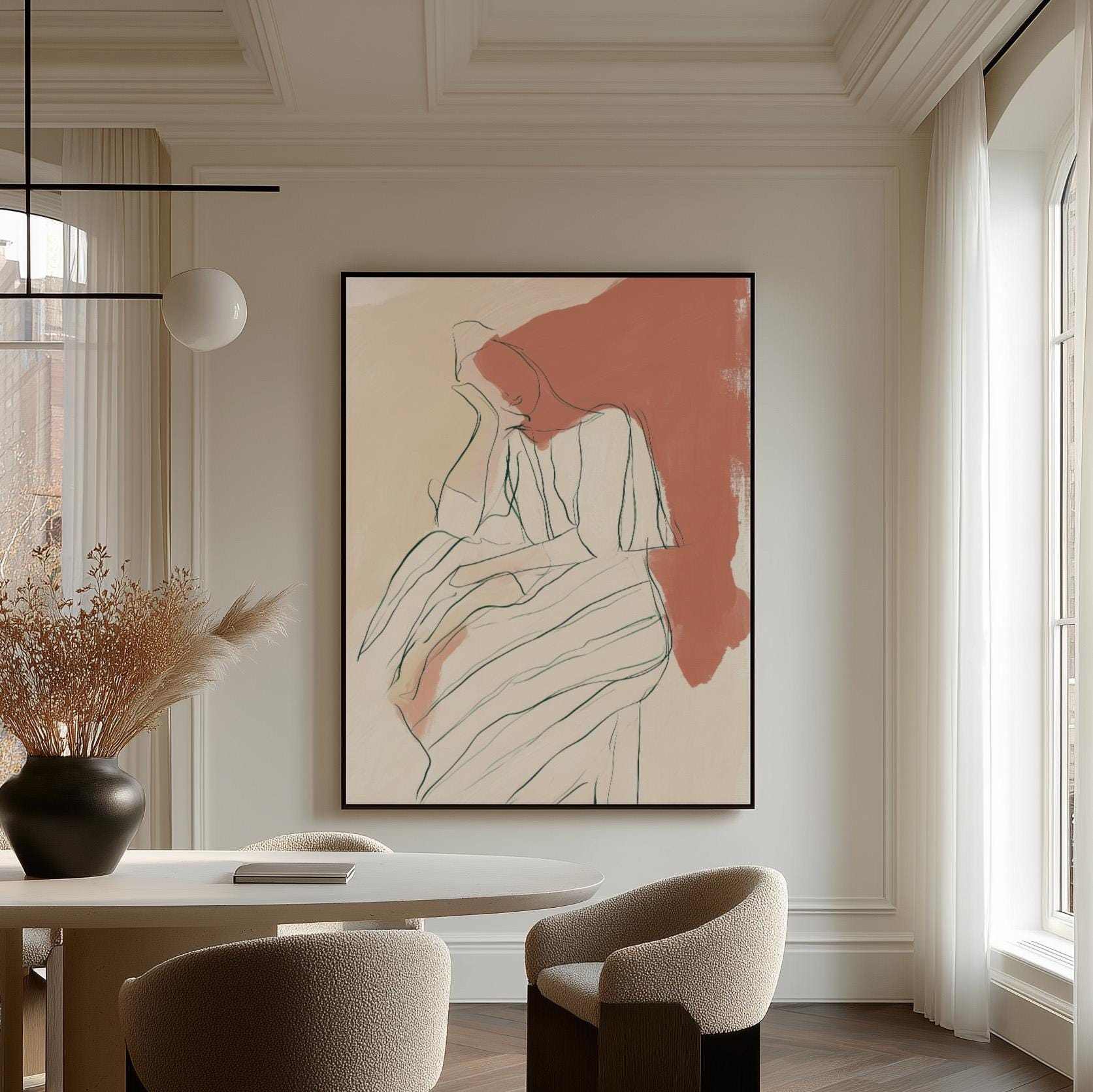 Abstract Minimalist Line Art Print Terracotta and Cream | Modern Figurative Giclée Canvas Wall Art for Bedroom Living Room Office