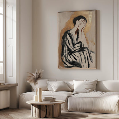 Abstract Woman Canvas Wall Art with Gold and Black Brush Strokes Modern Minimalist Print for Living Room or Bedroom
