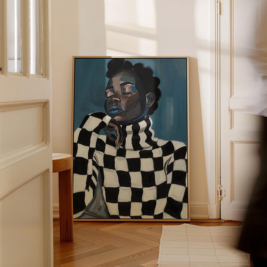 Modern Portrait Wall Art Black Woman in Checkered Sweater Canvas Print Contemporary Artwork for Living Room Bedroom Office