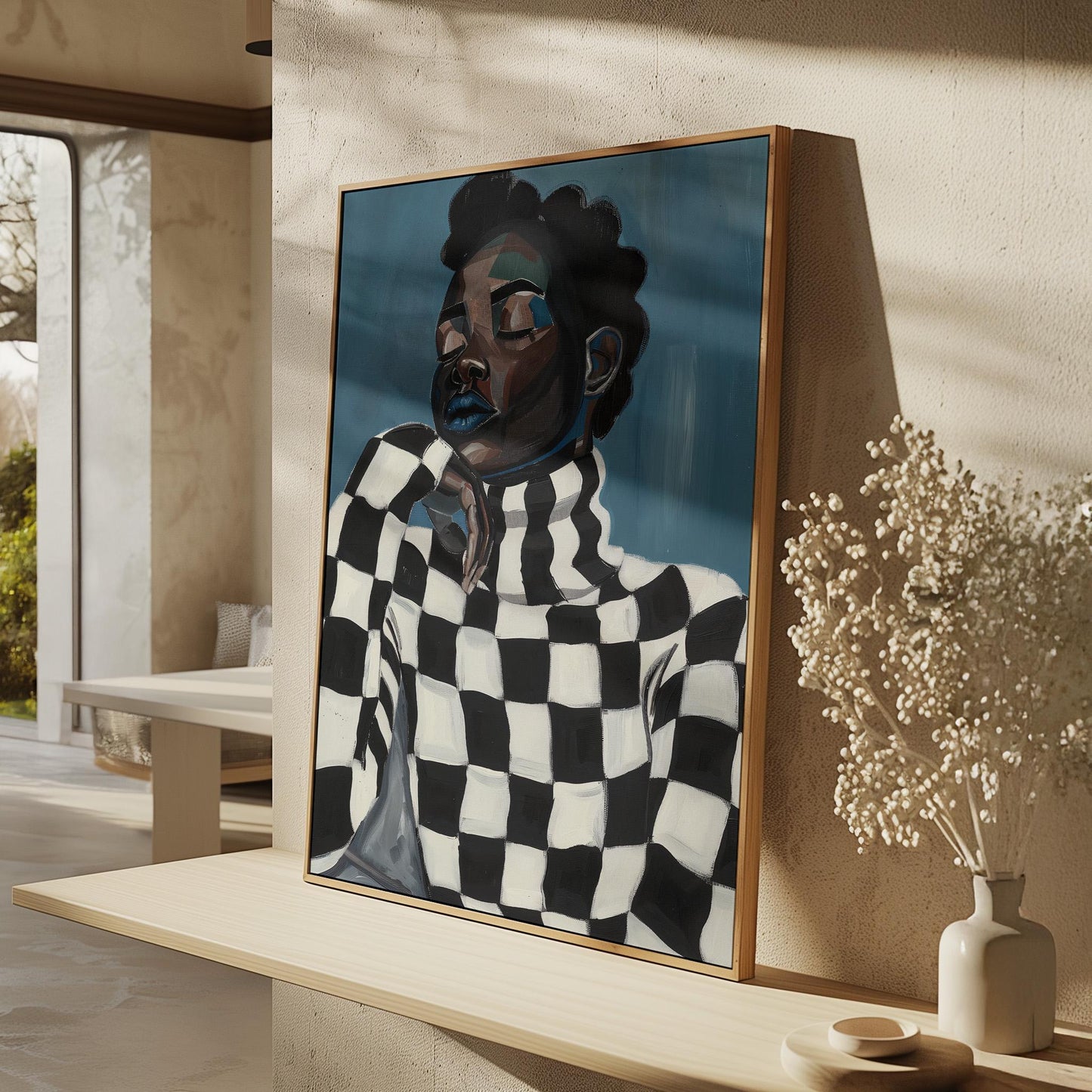 Modern Portrait Wall Art Black Woman in Checkered Sweater Canvas Print Contemporary Artwork for Living Room Bedroom Office