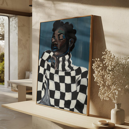Modern Portrait Wall Art Black Woman in Checkered Sweater Canvas Print Contemporary Artwork for Living Room Bedroom Office