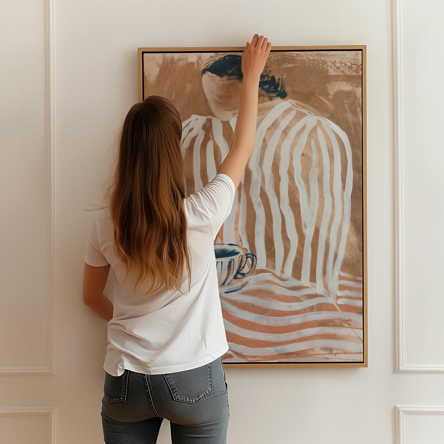 Abstract Striped Portrait with Coffee Cup Modern Wall Art Canvas Print Minimalist Artwork for Living Room Kitchen Office