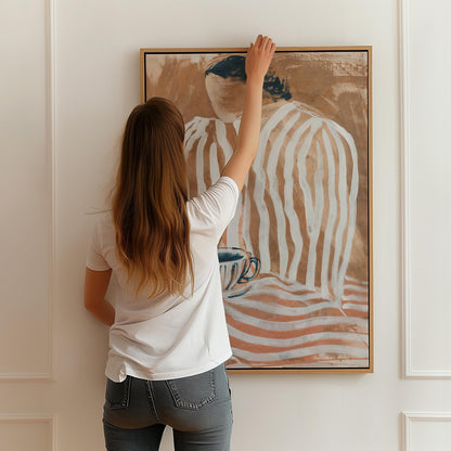 Abstract Striped Portrait with Coffee Cup Modern Wall Art Canvas Print Minimalist Artwork for Living Room Kitchen Office