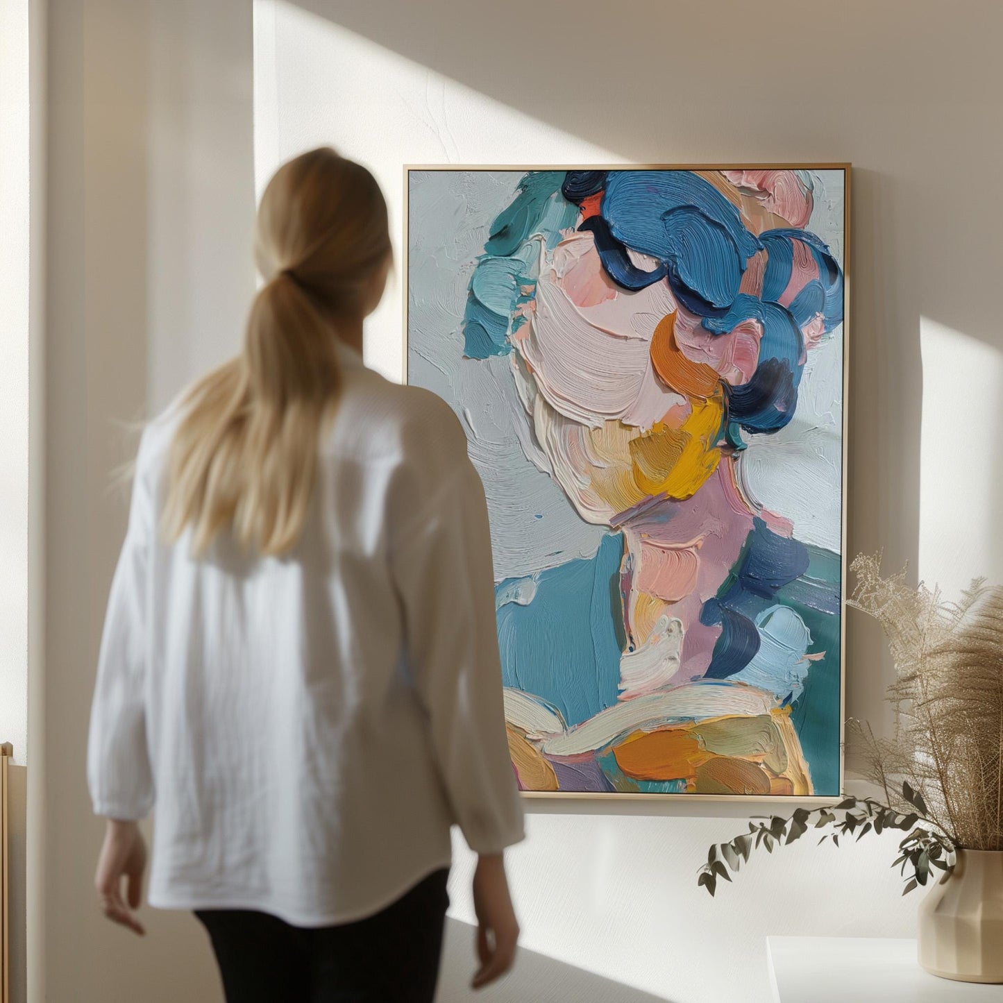 Colorful Abstract Woman Canvas Wall Art with Thick Oil Brush Strokes Modern Portrait Print for Living Room or Bedroom