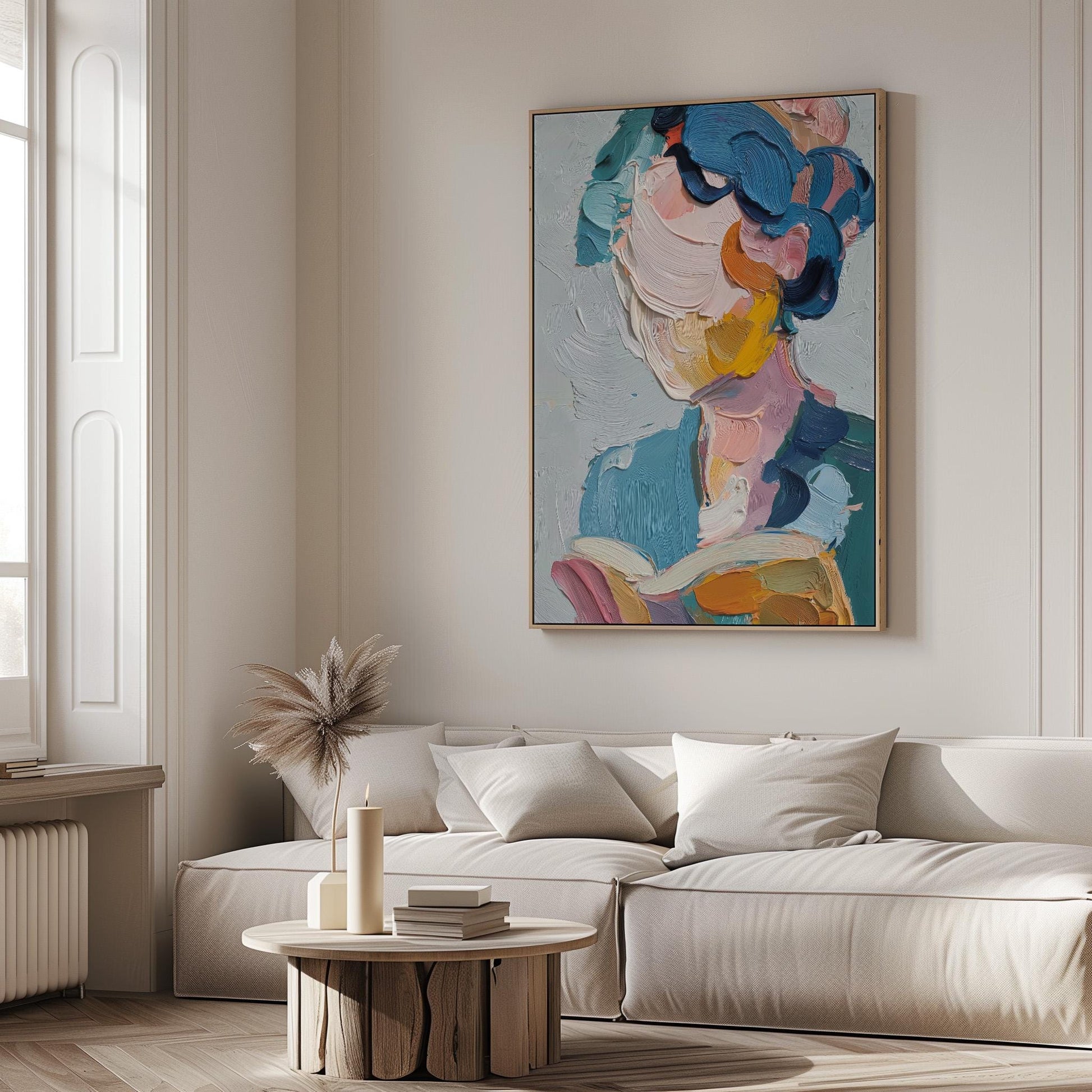 Colorful Abstract Woman Canvas Wall Art with Thick Oil Brush Strokes Modern Portrait Print for Living Room or Bedroom