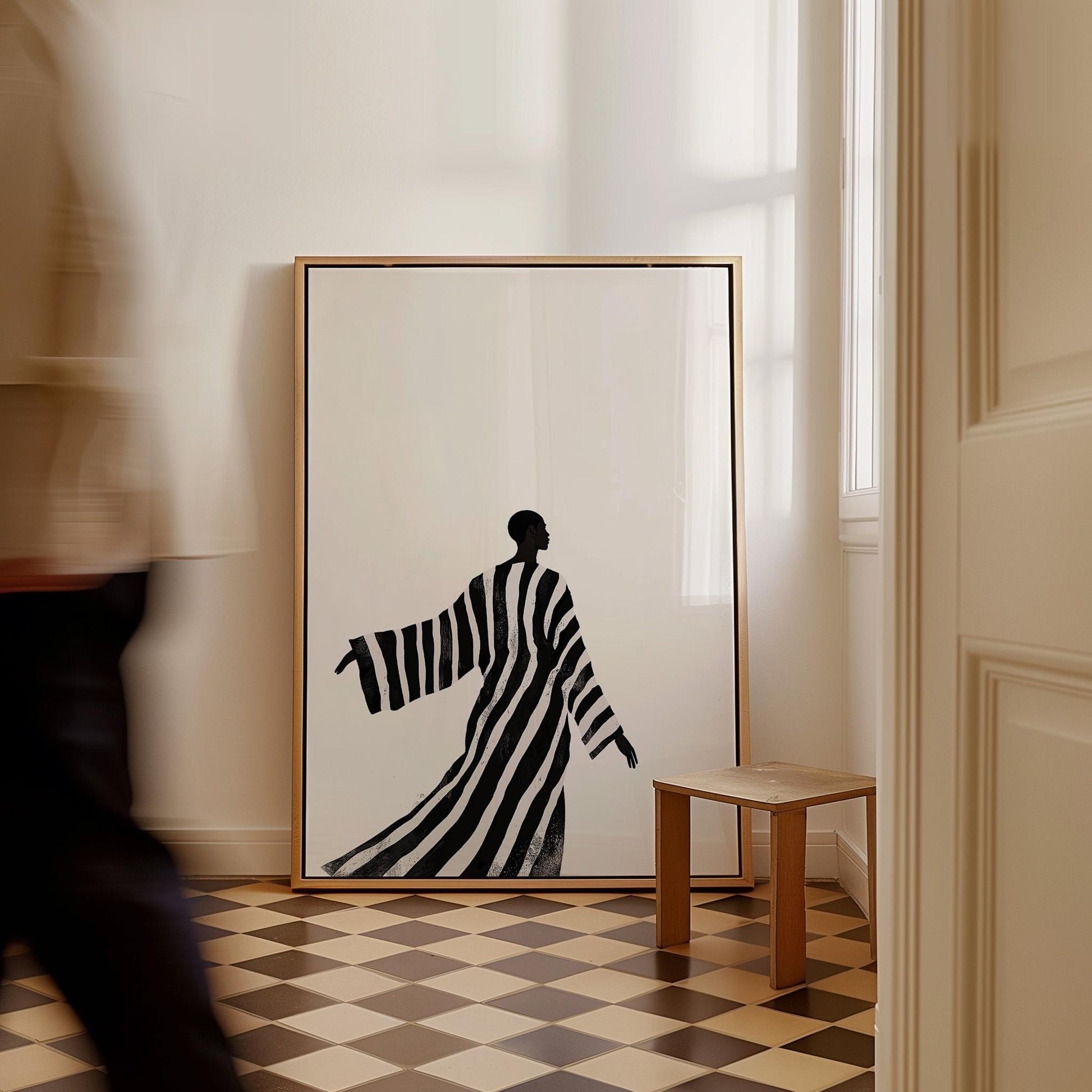 Minimalist Black and White Canvas Wall Art with Striped Robe Abstract Figure Modern Print for Living Room or Bedroom