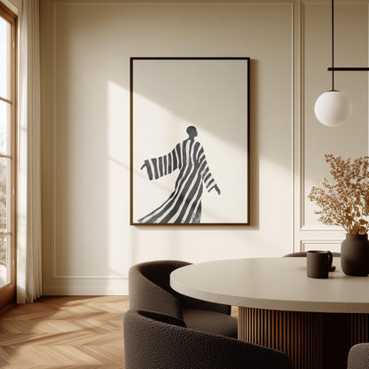 Minimalist Black and White Canvas Wall Art with Striped Robe Abstract Figure Modern Print for Living Room or Bedroom