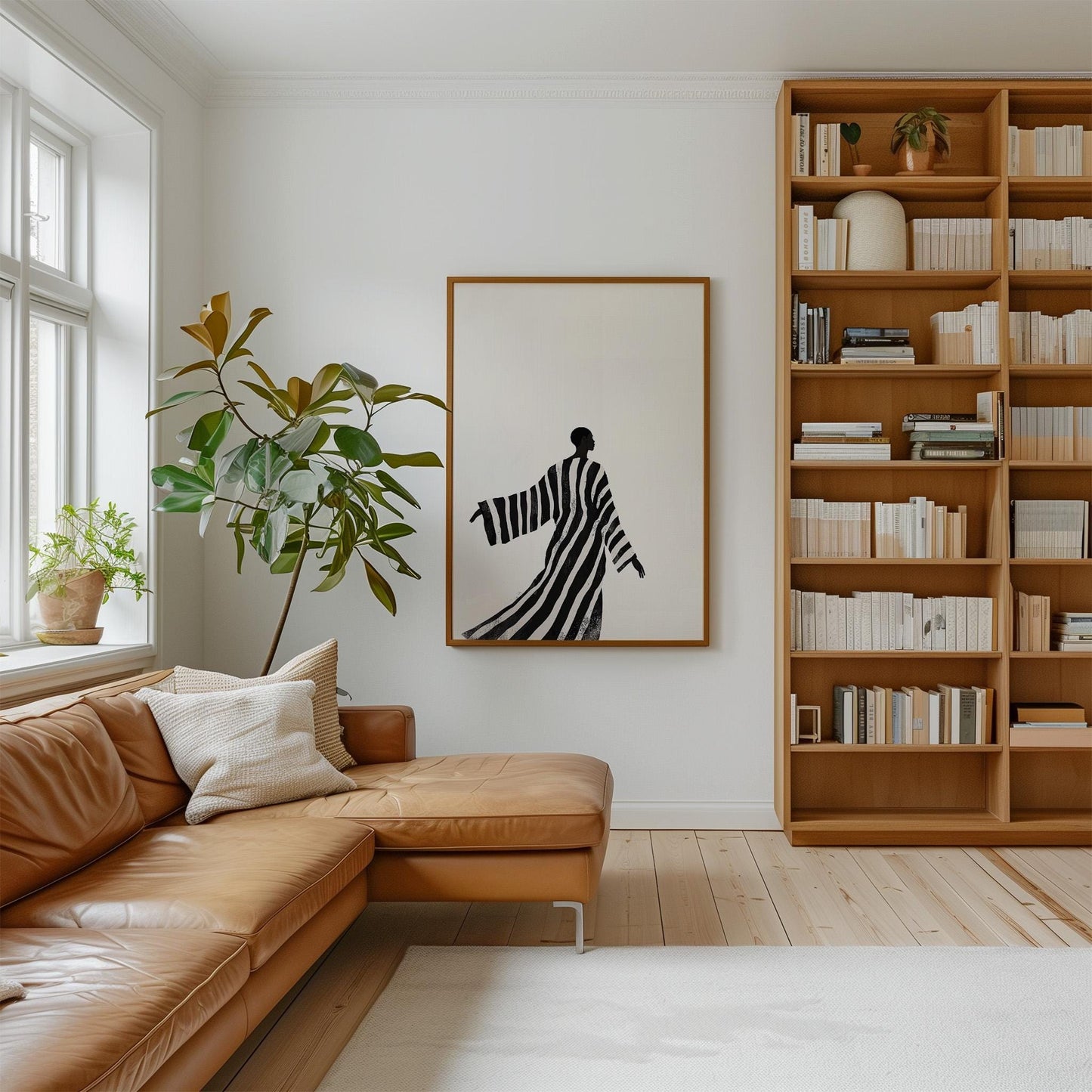 Minimalist Black and White Canvas Wall Art with Striped Robe Abstract Figure Modern Print for Living Room or Bedroom