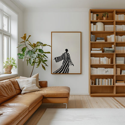 Minimalist Black and White Canvas Wall Art with Striped Robe Abstract Figure Modern Print for Living Room or Bedroom