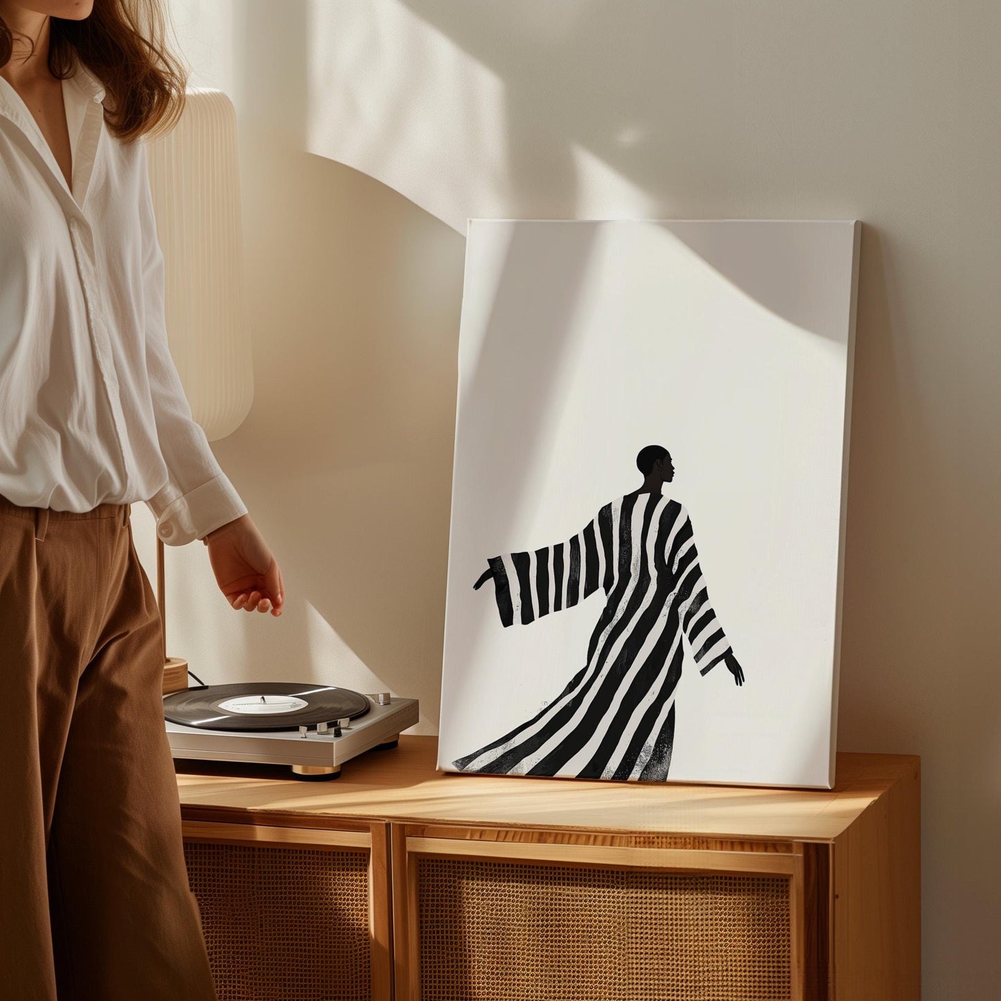 Minimalist Black and White Canvas Wall Art with Striped Robe Abstract Figure Modern Print for Living Room or Bedroom