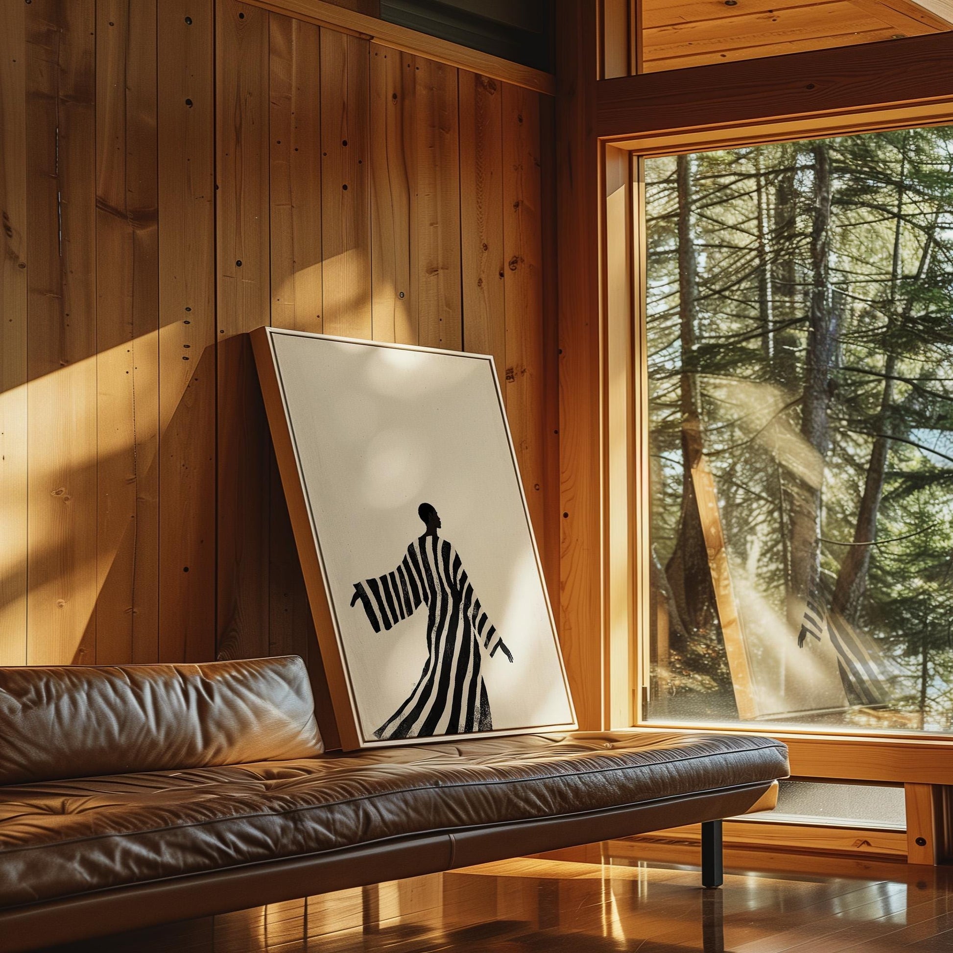 Minimalist Black and White Canvas Wall Art with Striped Robe Abstract Figure Modern Print for Living Room or Bedroom