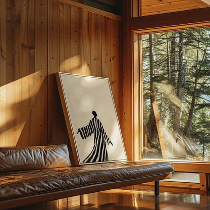 Minimalist Black and White Canvas Wall Art with Striped Robe Abstract Figure Modern Print for Living Room or Bedroom