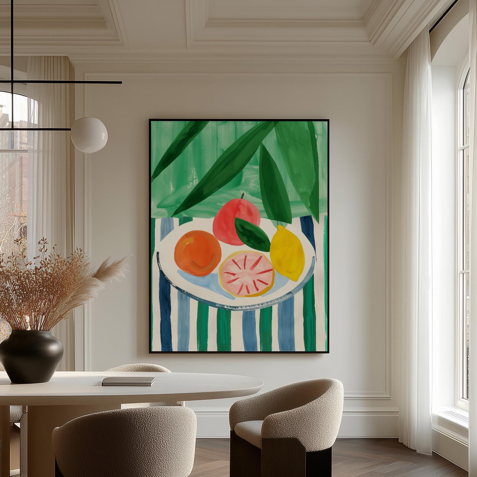 Colorful Fruit Bowl Painting Modern Kitchen Wall Art Abstract Canvas Print for Dining Room or Contemporary Home Decor