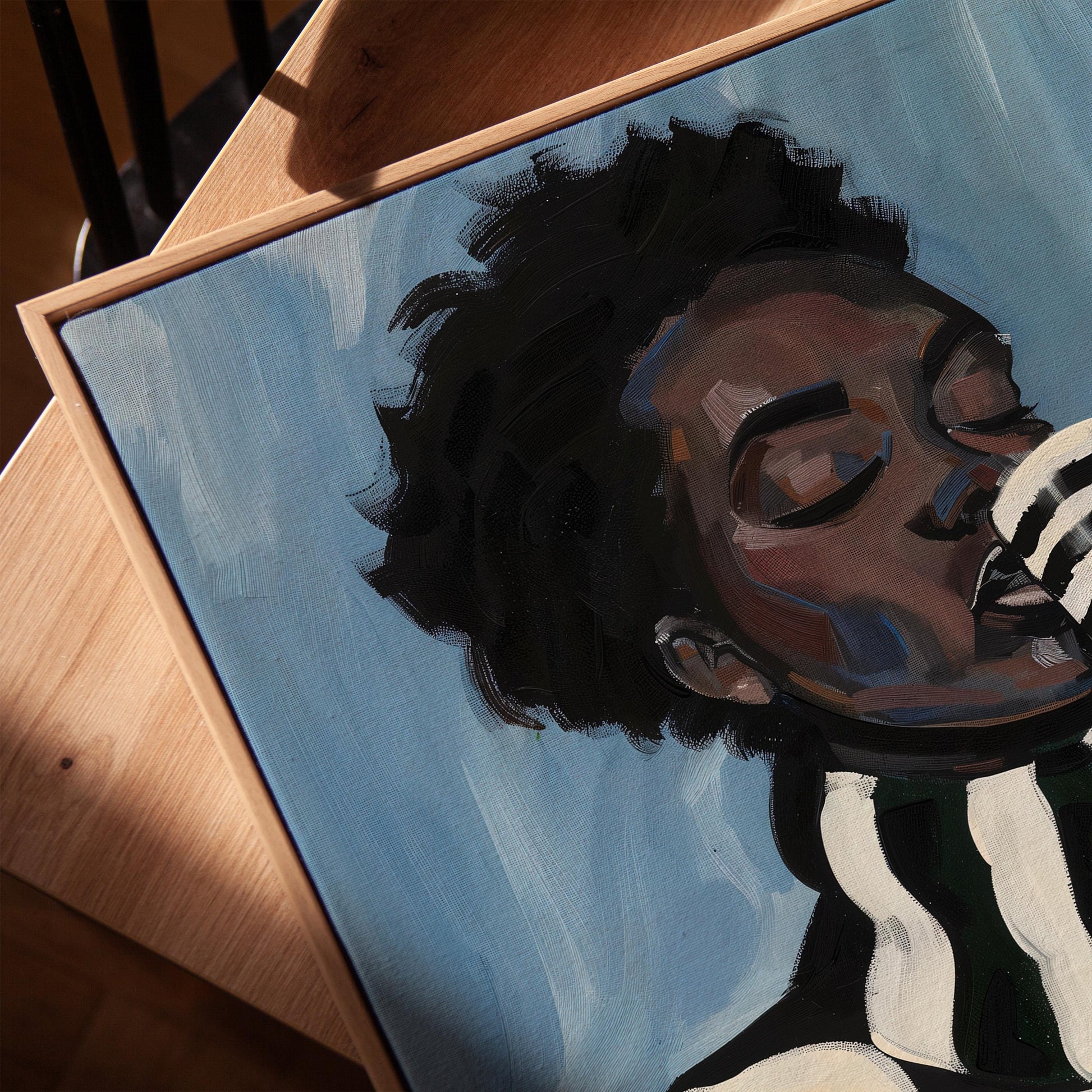 Modern Abstract Woman Canvas Wall Art with Checker Pattern and Striped Mug Contemporary Print for Kitchen or Living Room