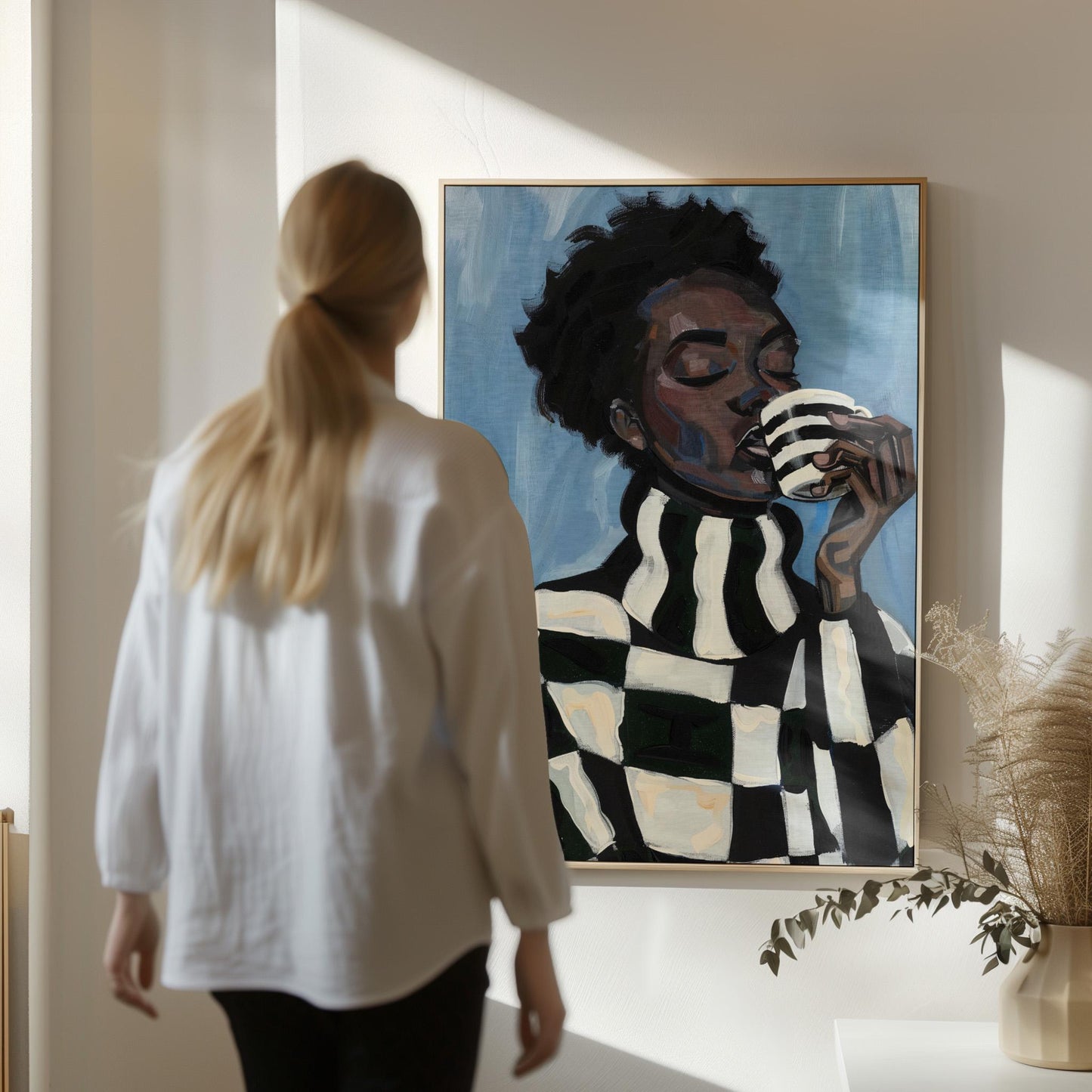 Modern Abstract Woman Canvas Wall Art with Checker Pattern and Striped Mug Contemporary Print for Kitchen or Living Room