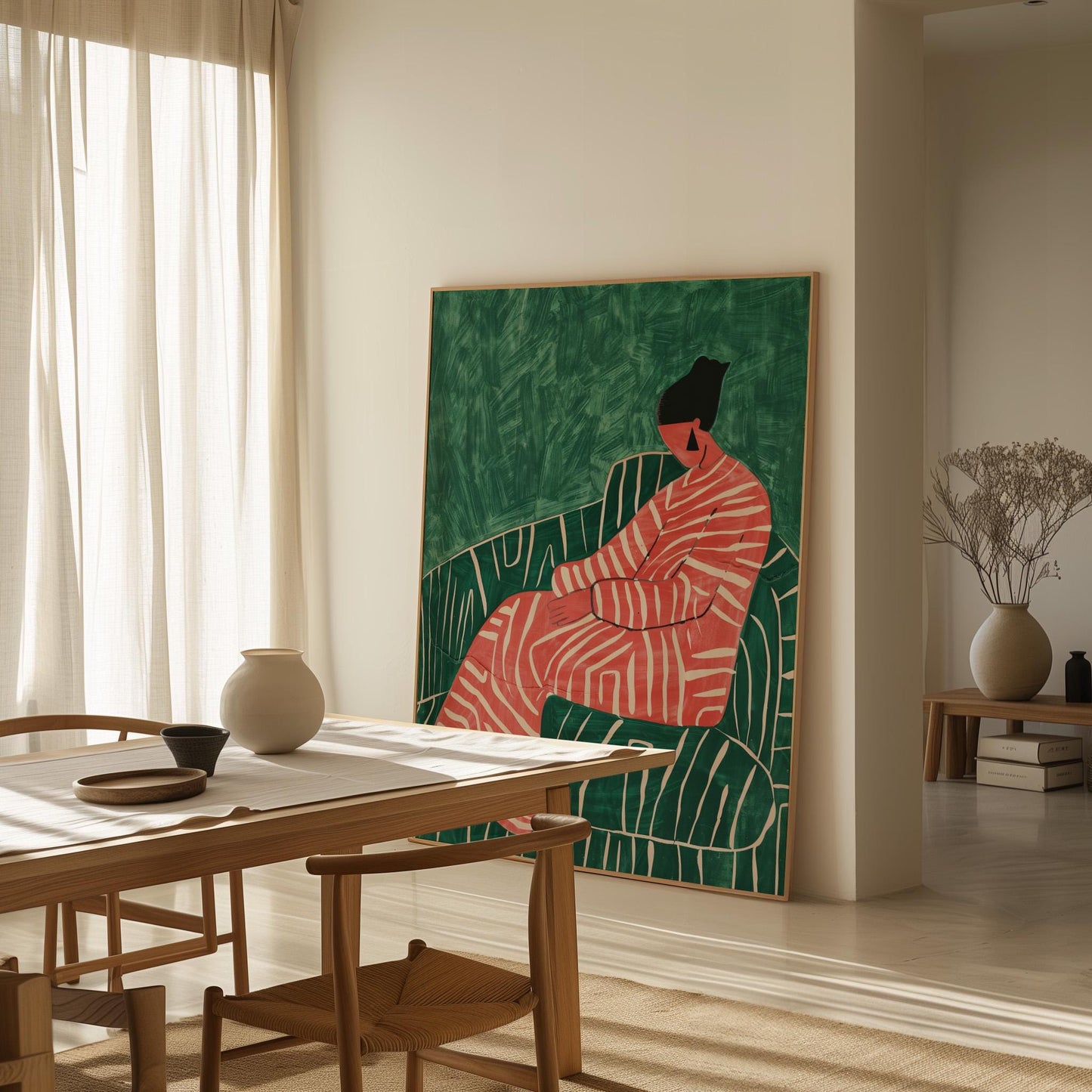 Abstract Woman Canvas Art: Green & Red Giclée Print with Floating Frame