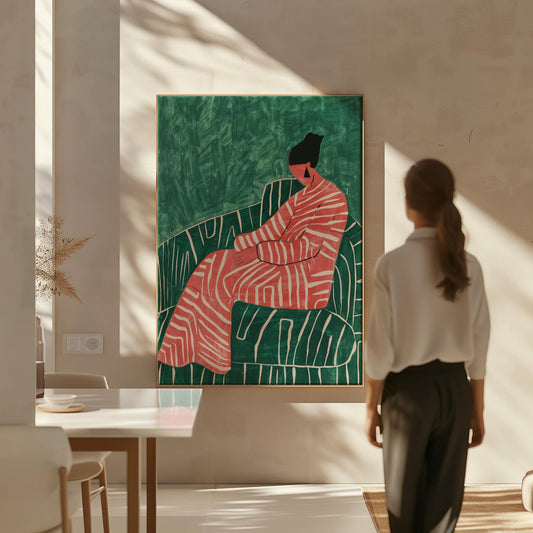Abstract Woman Canvas Art: Green & Red Giclée Print with Floating Frame
