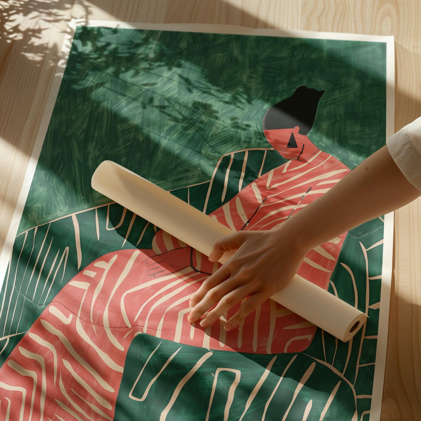 Abstract Woman Canvas Art: Green & Red Giclée Print with Floating Frame