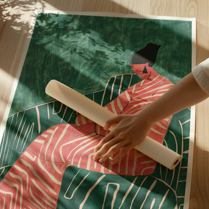 Abstract Woman Canvas Art: Green & Red Giclée Print with Floating Frame