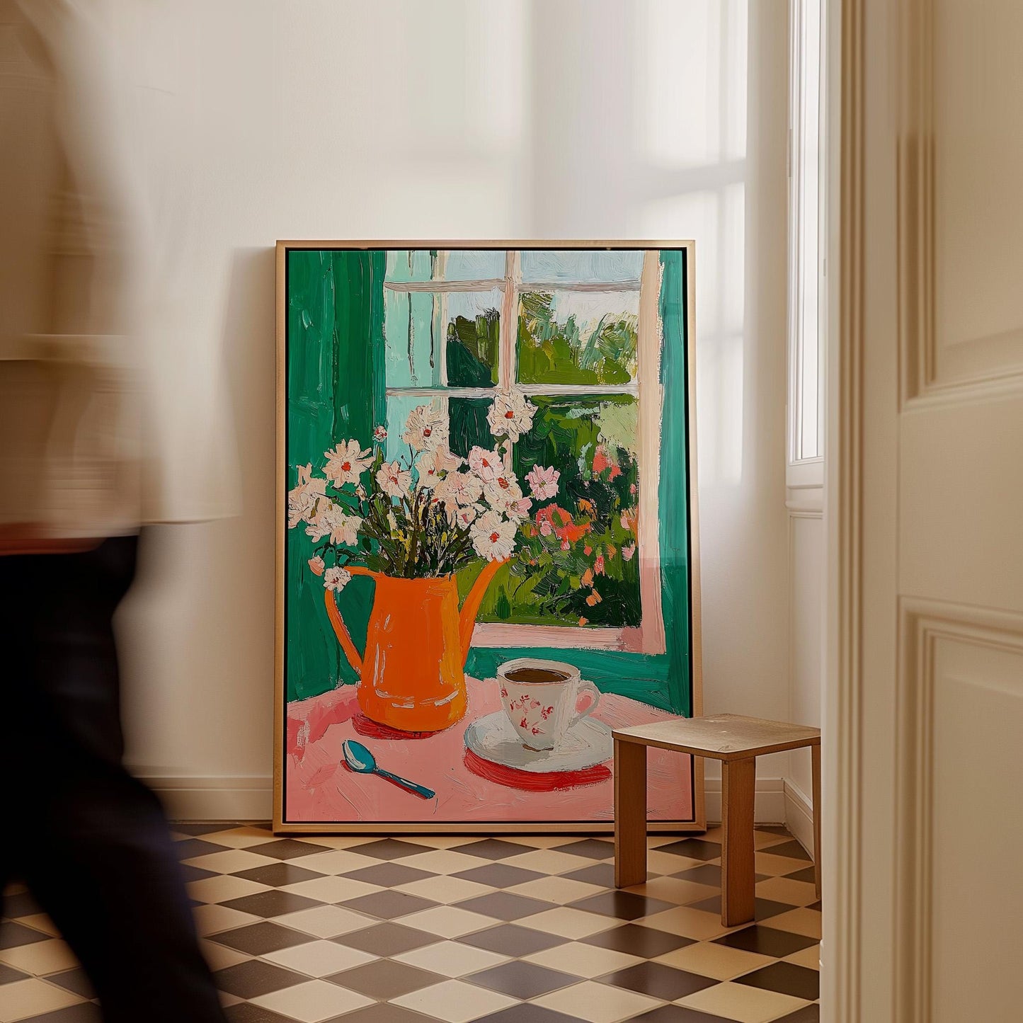 Floral Canvas Art: Green and Orange Accents (Framed or Unframed)