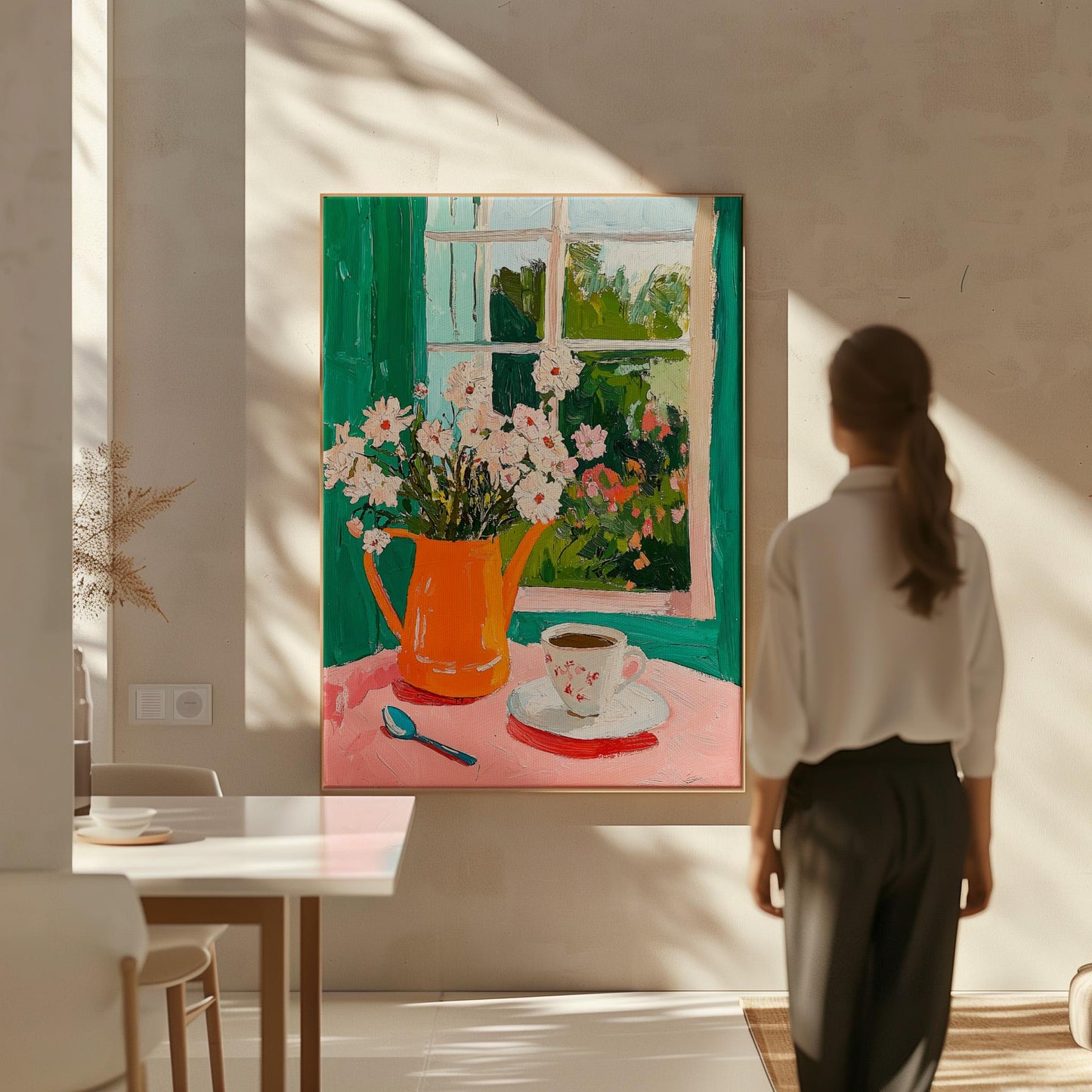 Floral Canvas Art: Green and Orange Accents (Framed or Unframed)