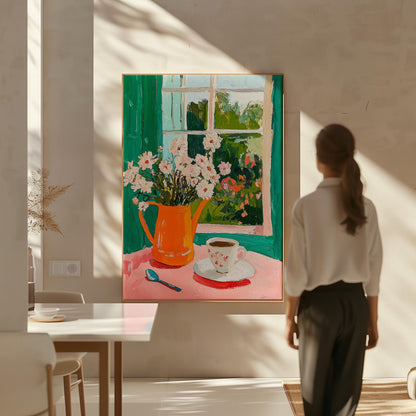 Floral Canvas Art: Green and Orange Accents (Framed or Unframed)