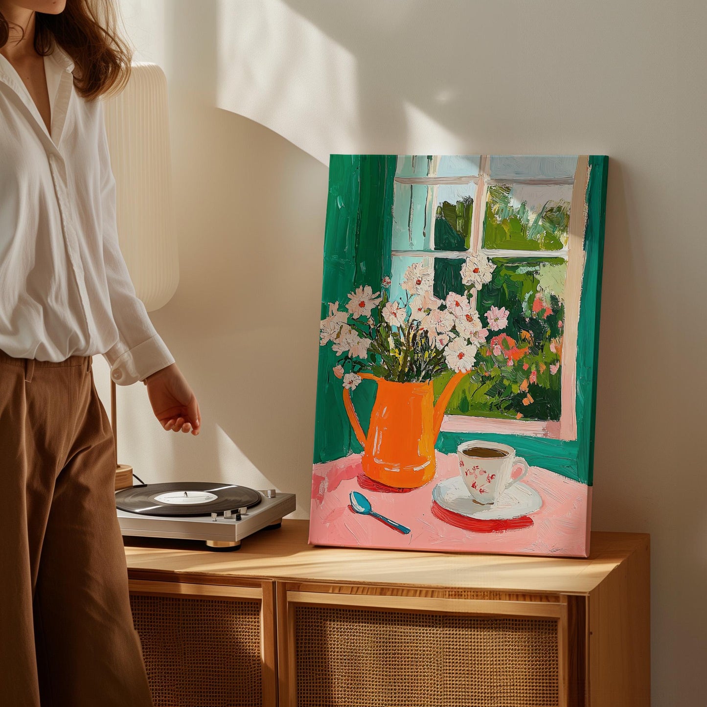 Floral Canvas Art: Green and Orange Accents (Framed or Unframed)