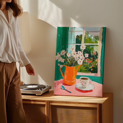 Floral Canvas Art: Green and Orange Accents (Framed or Unframed)