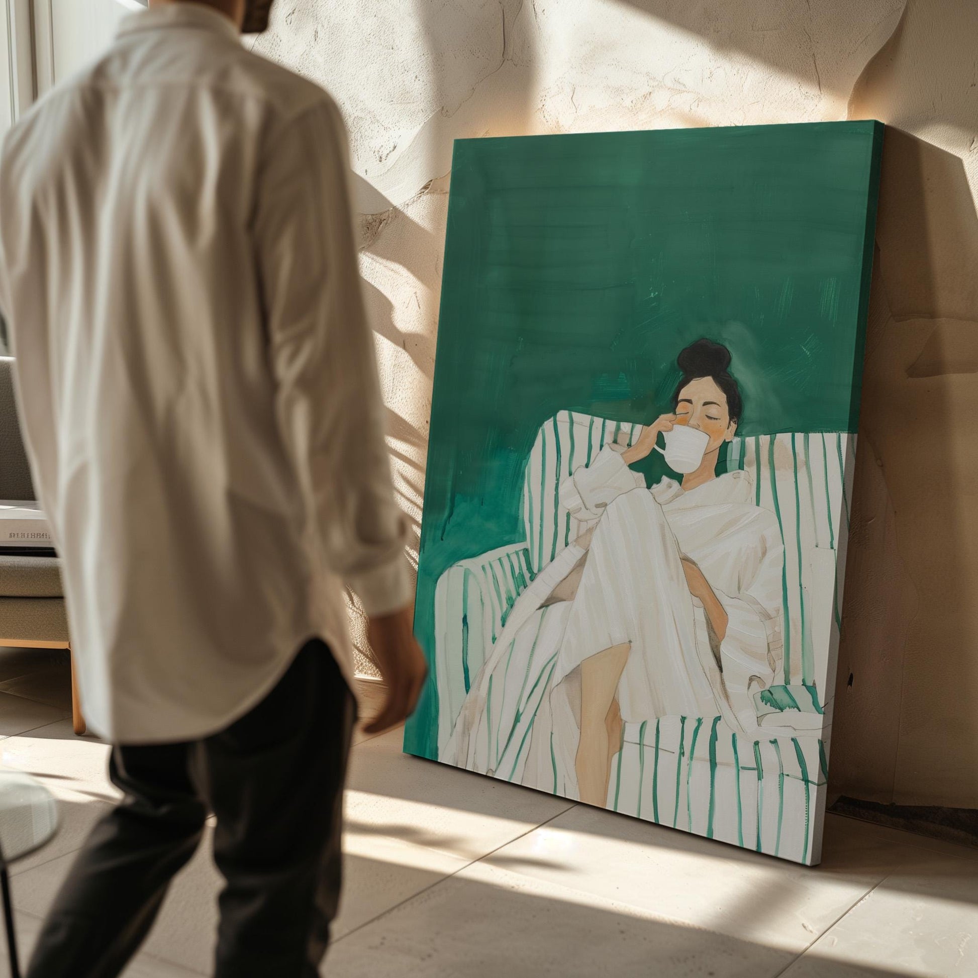 Green Abstract Woman Drinking Coffee Canvas Wall Art with Floating Frame for Modern Living Room or Bedroom