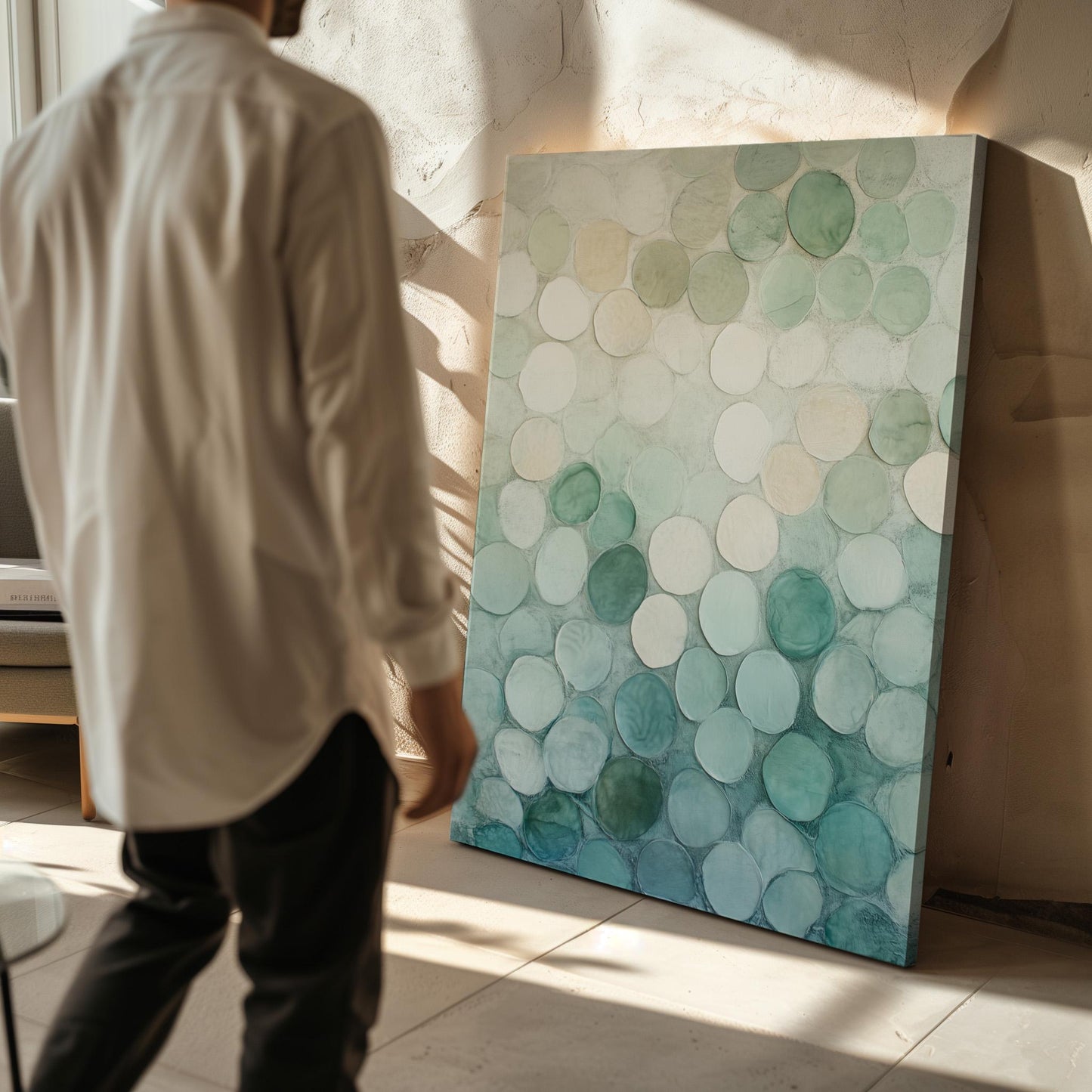 Green and Beige Abstract Circle Canvas Wall Art with Floating Frame Modern Japandi Style Print for Living Room Decor