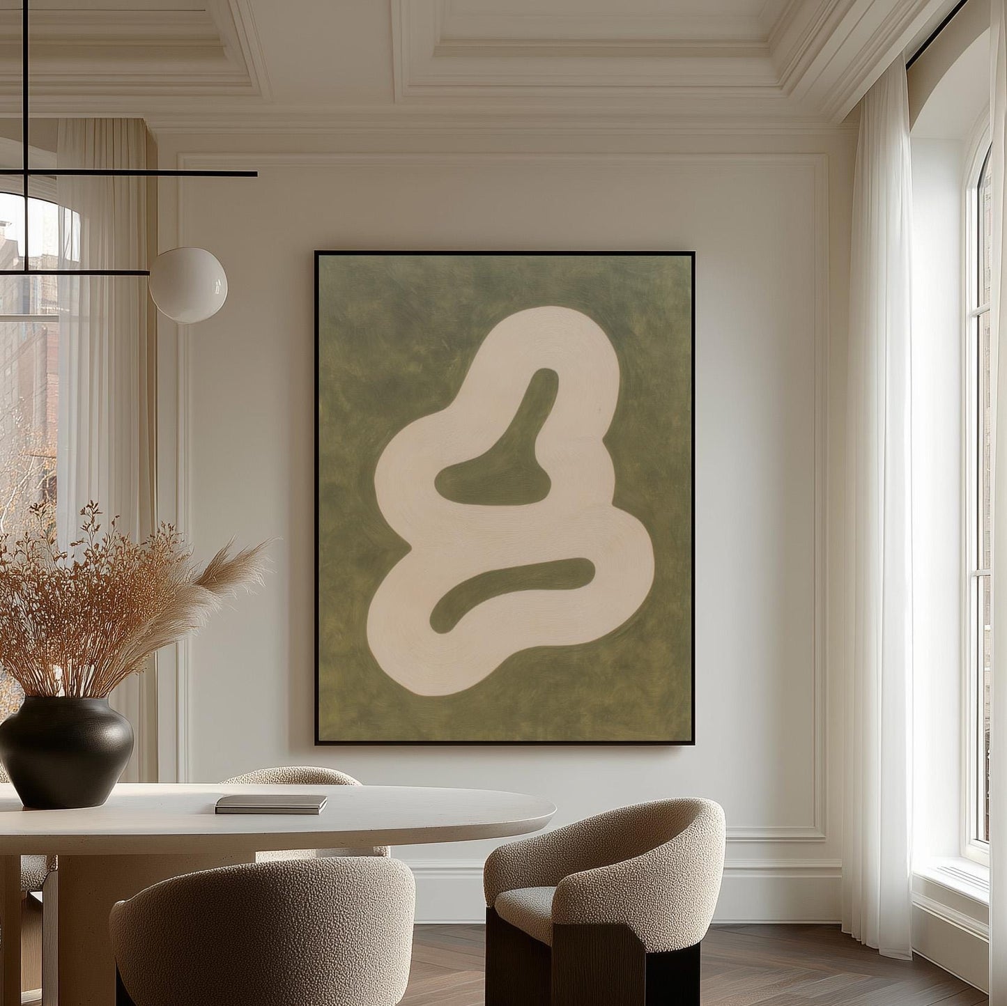 Japandi Canvas Print: Beige Green Abstract with Floating Frame