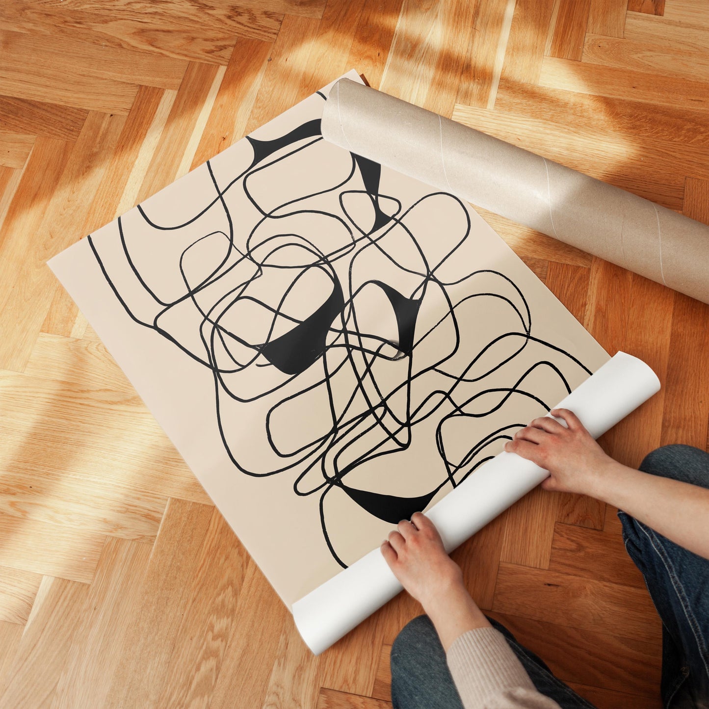Black and White Abstract Art Print: Minimalist Canvas with Floating Frame