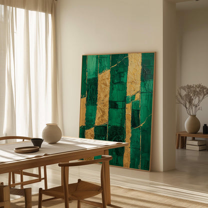 Emerald Green Abstract Canvas Art: Gold Accents