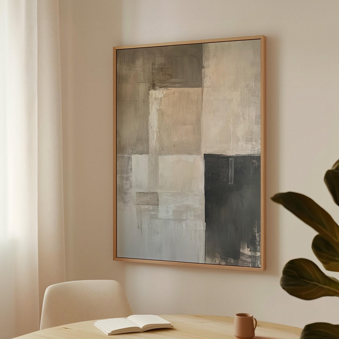 Beige Gray Abstract Canvas Art - Modern Floating Frame
